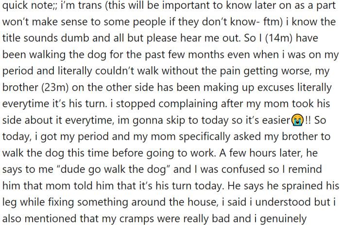 OP, a 14-year-old trans boy, had been walking the dog for the past few months, even when he was on his period and couldn't walk without pain. His 23-year-old brother, however, had been making excuses every time it was his turn.