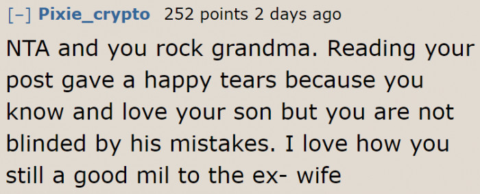 The OP is a good mother, a kind mother-in-law, and a cool grandma.