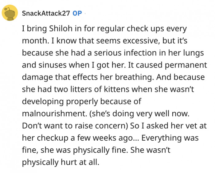 The OP brings Shiloh for regular check-ups