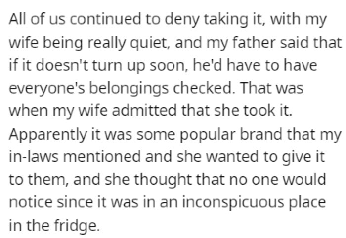 When OP's father mentioned having everyone's belongings checked, OP's wife came forward with the truth