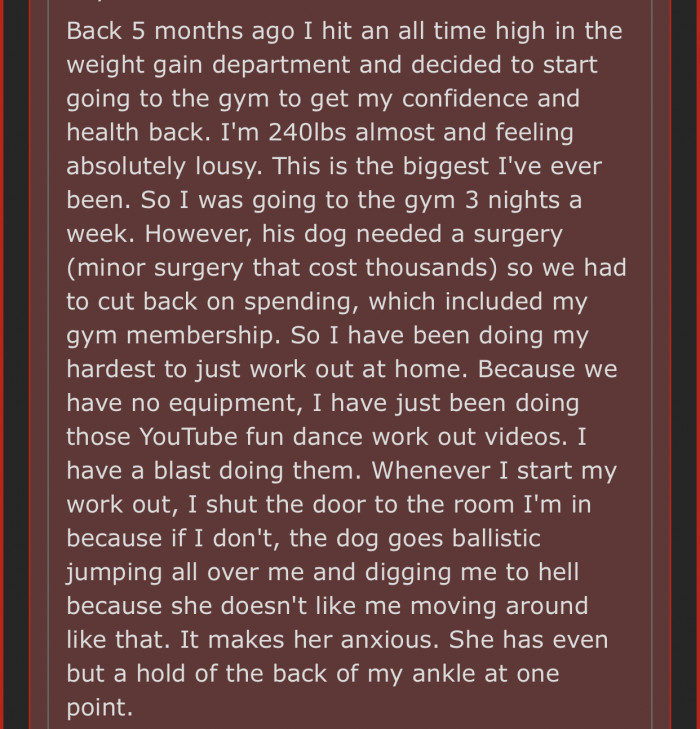 OP has a weight loss plan that was disrupted because of her husband's dog.