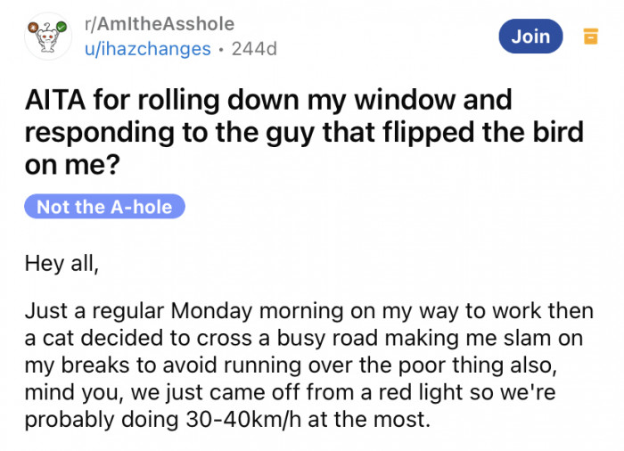 The Redditor posted about how he was driving to work on a regular Monday morning when a cat ran out onto the road in front of his car.
