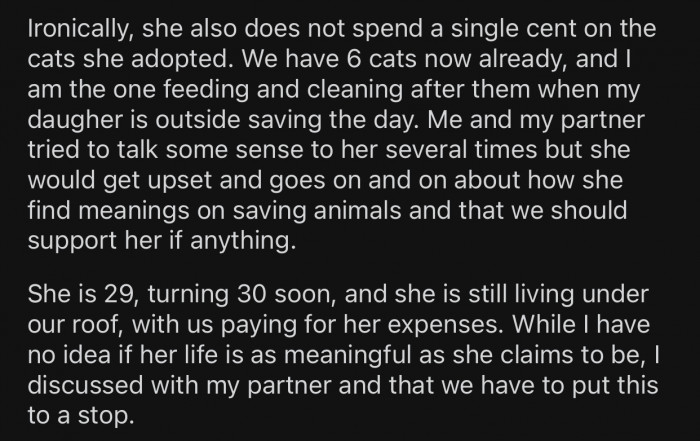 Despite all her charitable work, OP's daughter doesn't spend money on the cats she adopted.