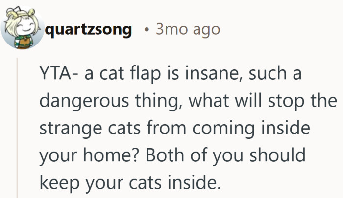The warning is blunt. If the door swings both ways, you cannot be shocked when an unfamiliar cat walks in.