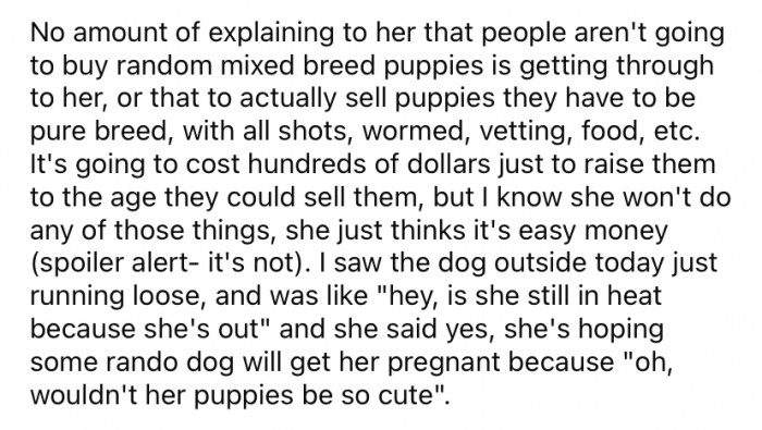 The Reddit user said that she had seen the dog running loose outside and asked her cousin if she was still in heat. Her cousin said she was, and she was hoping the dog would become pregnant.