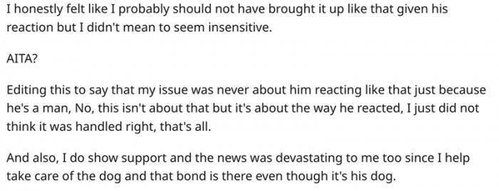 BF accused OP of being insensitive, and they had a big fight. Now OP asks if she was wrong.