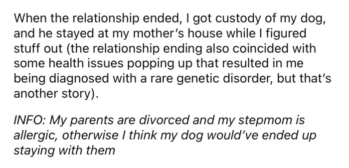 She explained that when she was younger, her boyfriend gave her a puppy that stayed at OP's mother's house when they broke up.