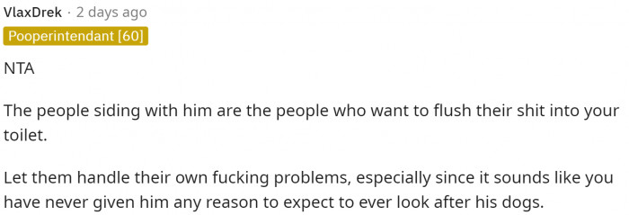 As we said, the dogs aren't her responsibility, no matter what happens or what the reason is.