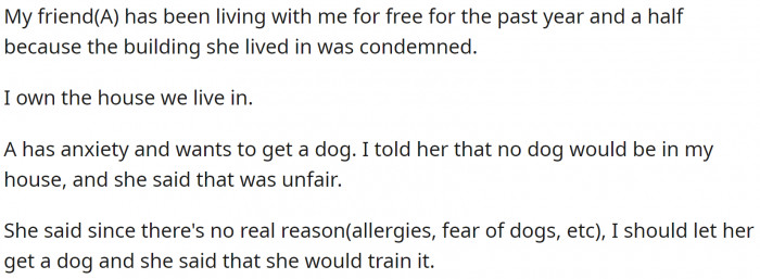 Woman Gets Called A-Hole By Her Freeloading Friend Because She Won't Allow  Her To Get A Dog