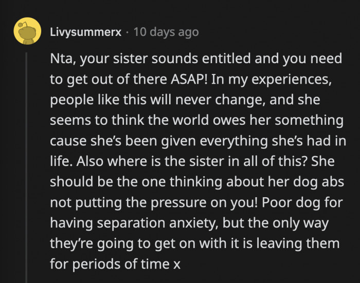 The care and well-being of the dog shouldn't be OP's responsibility because she is not the dog's owner