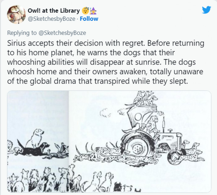 Sirius accepts their decision and leaves, warning them first that their powers will disappear in the morning. Their owners get up in the morning, totally unaware of the drama that had transpired.