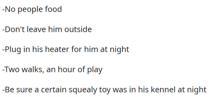 She left a list of instructions, and OP thought they were pretentious: