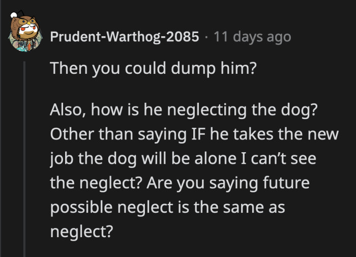 The dog isn't getting enough attention as it is; OP is not making up a scenario that's far from their current reality. It's where things are likely headed, and she is not wrong.