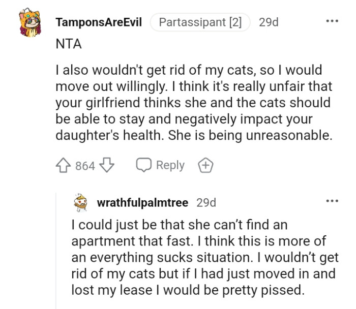 This Redditor would leave willingly rather than rehome the cats