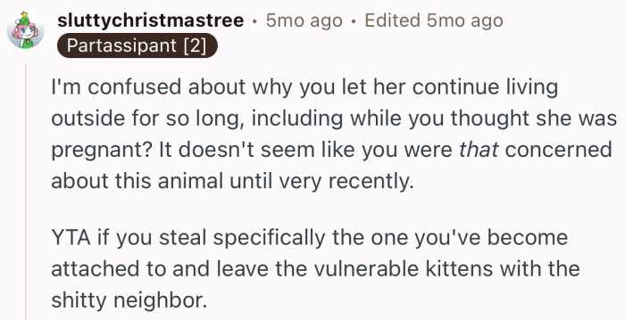 “But I would hope you would not just leave her kittens there and try to find homes for them as well.”