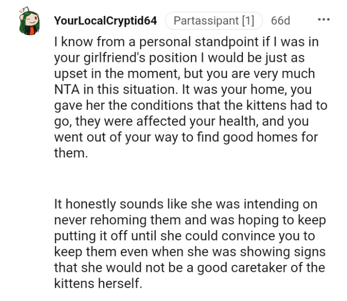 The OP went out of his way to find good homes for the cats.