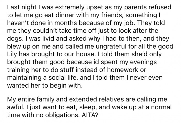 OP's parents called her ungrateful after she wanted to eat dinner with her friends.