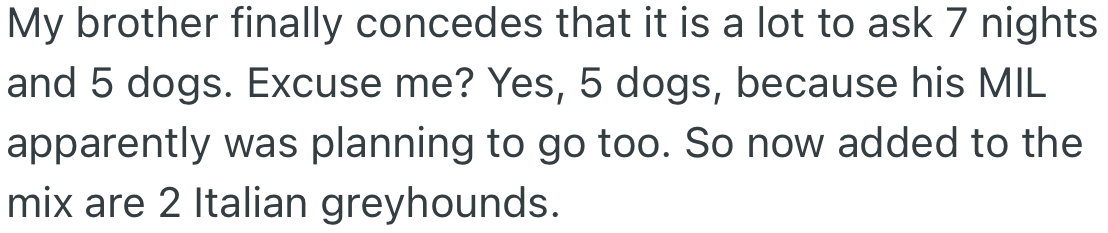 OP’s brother agrees that it is a huge task to dog-sit five dogs for one week. However, since their mom is also going on the trip, her dogs are added, bringing the total number to seven (7).