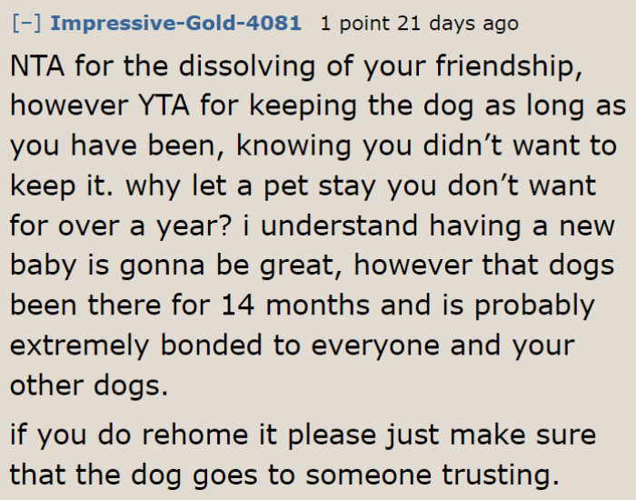 This Reddit user feels that the OP made a mistake by keeping this pet longer.