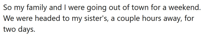 The Redditor explained that she and her family were going out of town for the weekend.