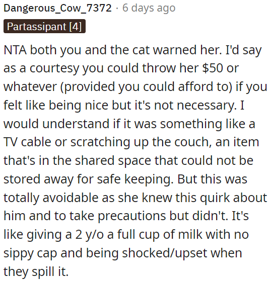 The situation could have been easily avoided since she was aware of the cat's quirk and didn't take precautions.
