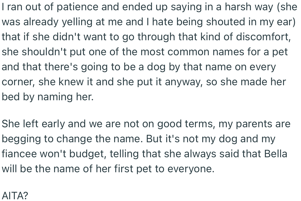 OP showed no empathy for their sister, as they had warned ahead of time that the name ‘Bella’ (for example) is a popular dog name