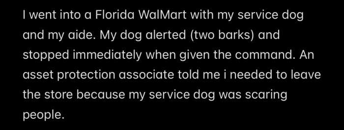 OP was told to leave a Florida Walmart after their service dog barked once.