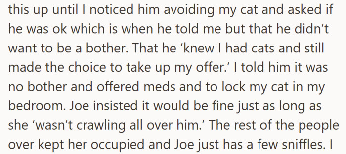 It all seemed handled — a few sniffles, a cooperative cat, and a guest too kind to complain. For the moment, at least.