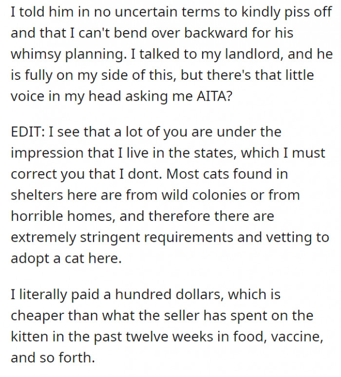 OP disagrees and talks to his landlord—they agreed. But was OP being an A-hole about it?