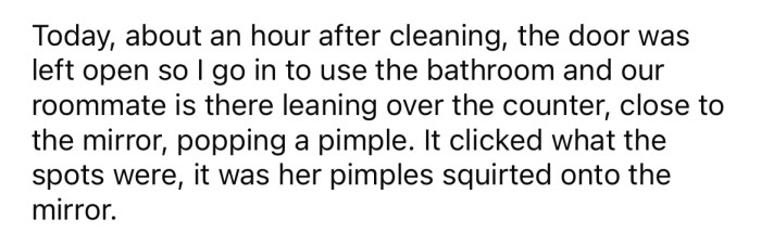 When the roommate left the bathroom door open, the OP went in and saw her leaning over the counter and popping a pimple in the mirror.