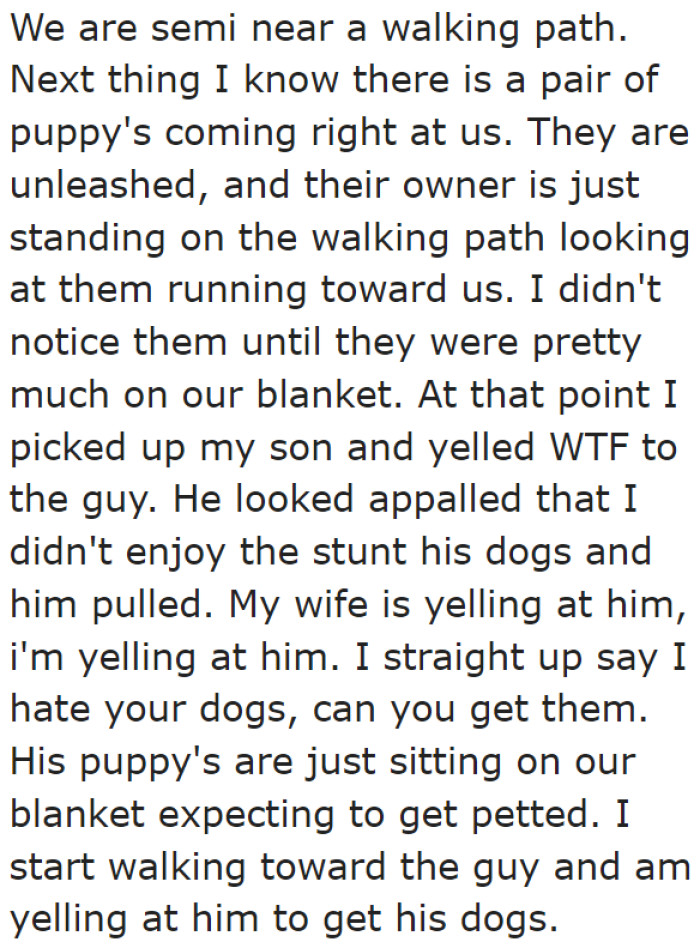 He became furious at the sight of the unleashed puppies getting near his baby.