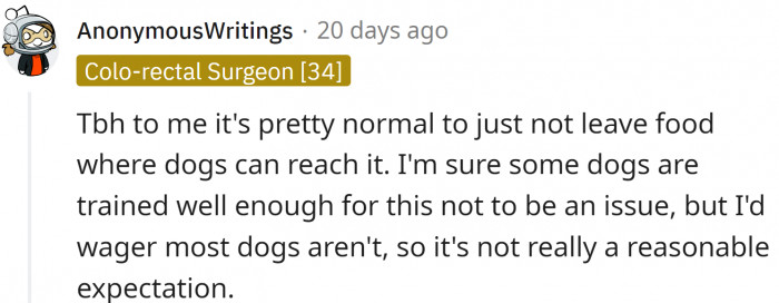 Redditors seem to believe that the guilt is shared - you don't leave food outside around a dog that's a proven food thief.