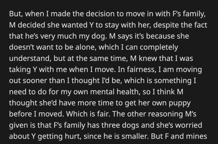 OP has offered other solutions to her mom, including getting her own puppy, but she won't compromise