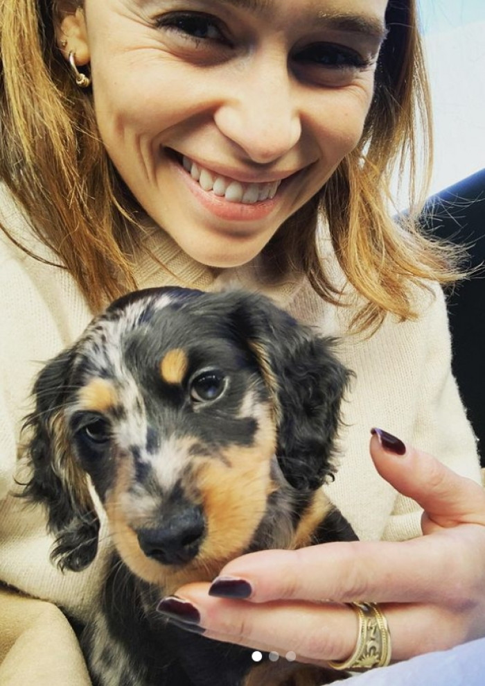 2. Here is Emilia Clarke, and she has a new smol bean named Ted... They both look so cute and happy.