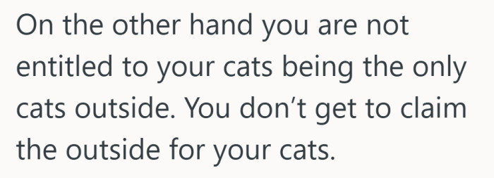 Territory is simple for cats but complicated for humans. No one gets to reserve the whole outdoors.