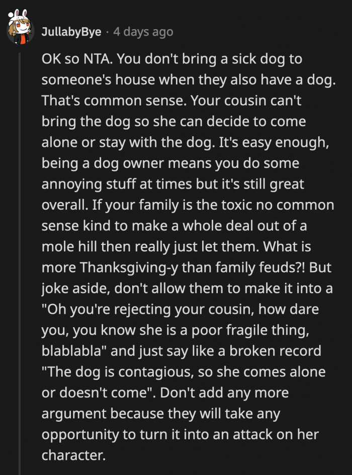 OP has to stick to her principle and say she wouldn't show up if the sick dog is around and never stray from that argument