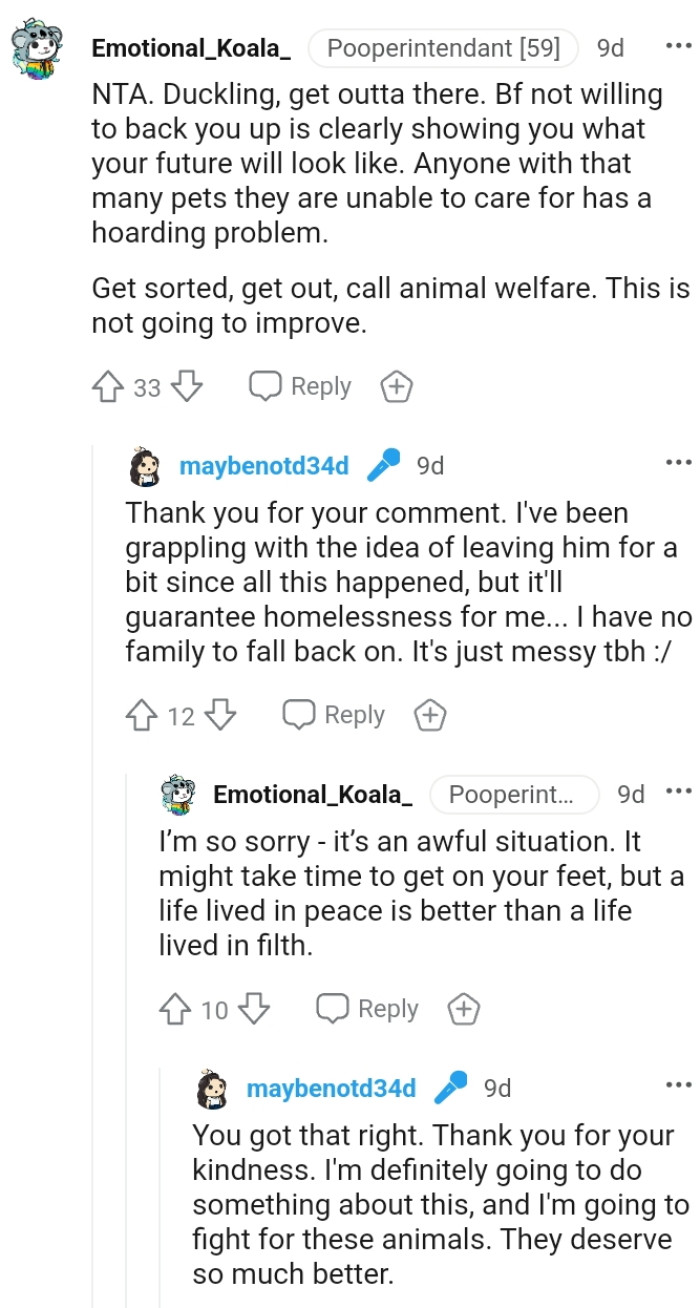 The OP needs to get sorted, get herself out, and then call animal welfare