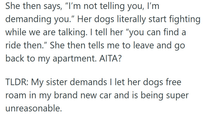 The argument escalated fast—her sister made demands, the dogs started fighting, and the trip was off.