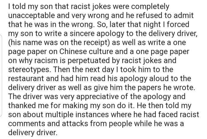 OP made her son read out a written apology to the delivery driver