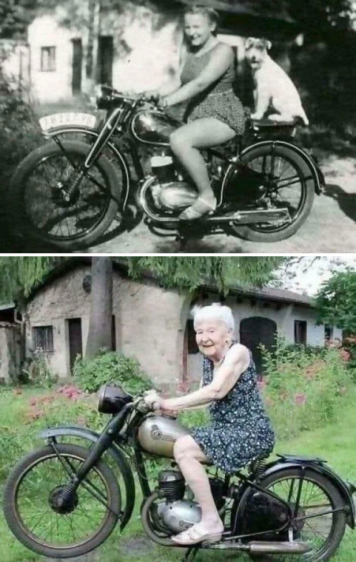 6. 72 years have passed, but the same house, the same woman, and the same motorcycle endure.