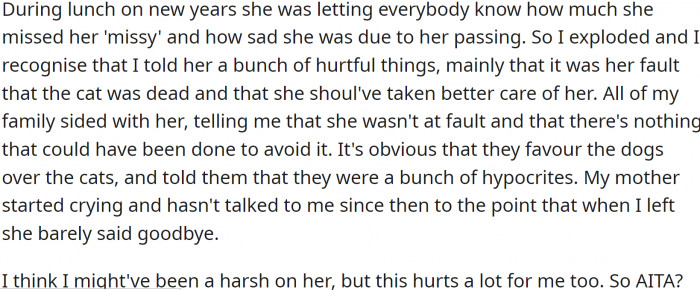 Finally, OP became fed up with her mother's attitude, and when she heard that the only remaining cat had died, she exploded and told her mother that it was her fault for not taking better care of the cat.