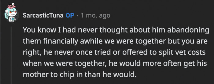 Even before the split, the ex barely contributed to the cat's needs and left it all up to OP and his mom to figure things out.