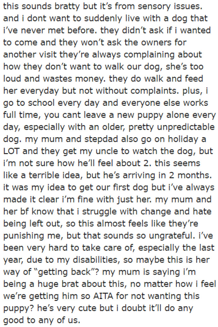 The mom, unfortunately, is dismissive of the OP's sensory issues. She thinks that her daughter is just being a brat.