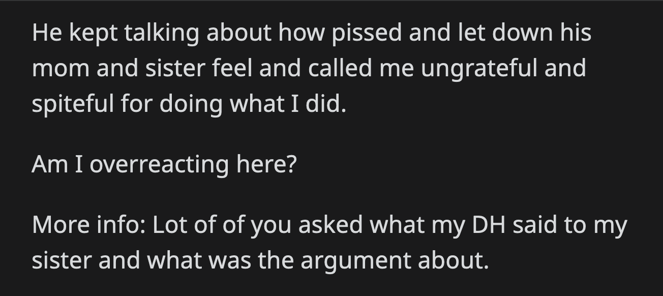 OP shared the incident between her husband and her sister after Redditors expressed curiosity.