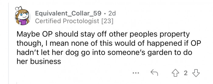 OP shouldn't have let her dog step into other people's property.