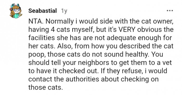 Another Redditor saying that the cats don't sound healthy by the description of their poo