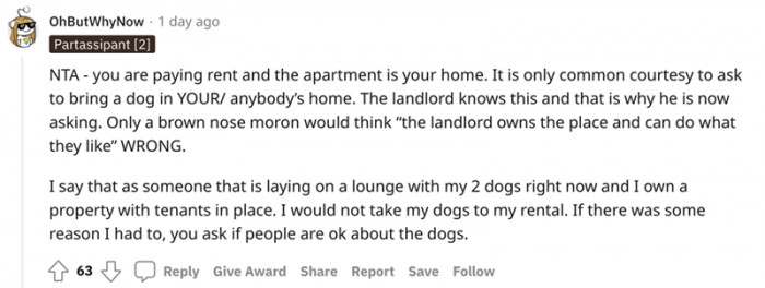 At least some landlords in this world have common sense, like this Redditor who owns dogs and property of his own.