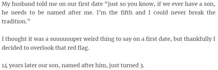 28. Quirky first-date confession leads to naming their son after husband's tradition
