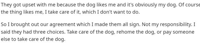 He mentioned that he brought up an agreement and made them sign it. Essentially, he said they could either take care of it, rehome the dog, or pay someone to care for it.