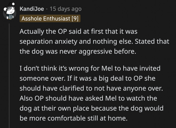 They said that it would have been better for OP to give Mel detailed instructions on what she can and cannot do while taking care of the dog, and OP should have insisted that they stay at her house to keep the dog more comfortable.